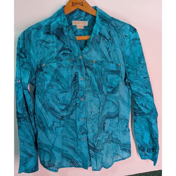 Michael Kors Cotton Button Down Blue Paint Swirl  Shirt Womens Petite Large (281 - Picture 1 of 4